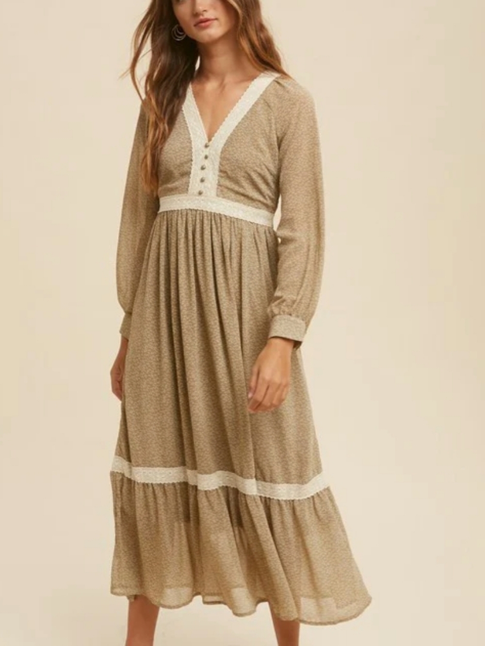 Shop Stevie Medium Taupe Floral Lace Trim Tiered Maxi Dress - Picture 4 of 12